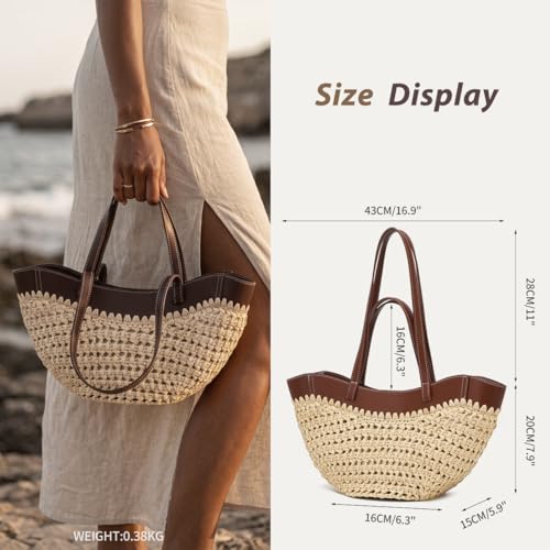 Large Straw Tote Bag for Women, Woven Summer Beach Bag with Leather Trim & Double Straps, Handmade Mesh Boho Shoulder Bag