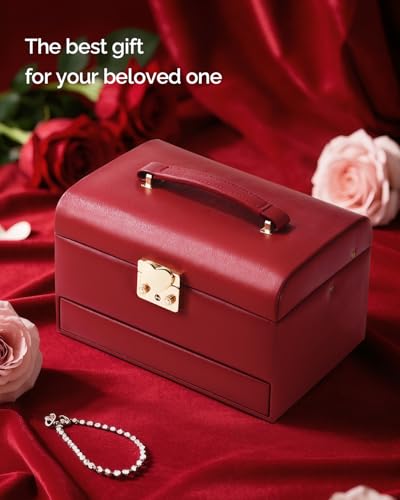 CASEGRACE Jewelry Box,3 Layers Leather Jewelry Storage Box with Lock, Mirror,Jewelry Storage Case for Necklaces Earrings B...