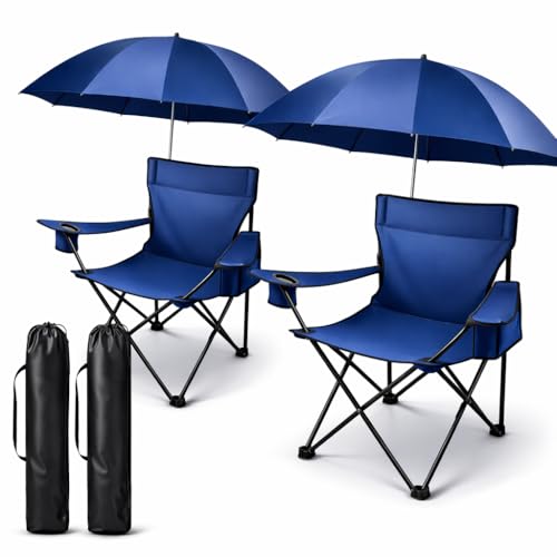 MakeBloom 2 Pack Portable Folding Camping Chairs with Adjustable Umbrella, Outdoor Canopy Chairs with Cup Holder, Lightwei...