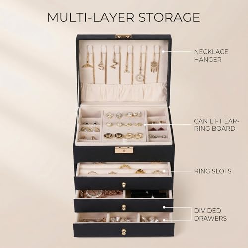 Vandozis Leather Jewelry Box with Lock for Women, 4-Tier 3-Drawer Jewelry Organizer, Large Capacity Vanity Storage Case fo...
