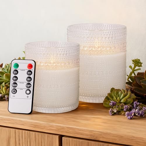 Velsyn Dotted Glass Flameless Candles with Remote Timer, Real Wax Battery Operated LED Pillar Candles with 3D Flickering F...