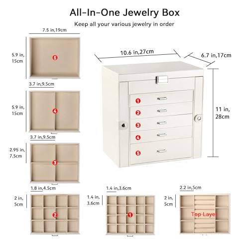 Frebeauty Large Jewelry Box,6-Tier PU Leather Jewelry Organizer,Multi-functional Storage Case with Mirror,Accessories Hold...