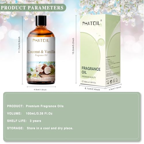 PHATOIL 3.38FL.OZ Coconut & Vanilla Fragrance Oils for Aromatherapy, Essential Oils for Diffusers for Home, Perfect for Di...