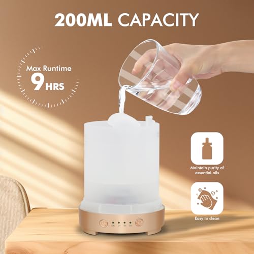 Essential Oil Diffuser 200ml-Ultrasonic Aroma Diffuser with 4 Timers, Aromatherapy Diffuser 7 Color LED Lights Auto Shut-O...