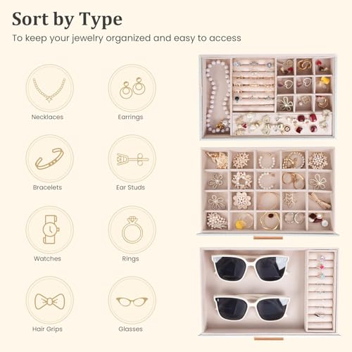 Dajasan Jewelry Box Organizer, 3-Tier Large Jewelry Storage Organizer with 2 Drawers, Space-Saving Jewelry Boxes for Wome...