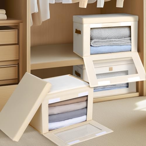 Homsorout Large Closet Storage Organizer - Clothes Storage Bins with Handles & Window, Collapsible Decorative Boxes with L...