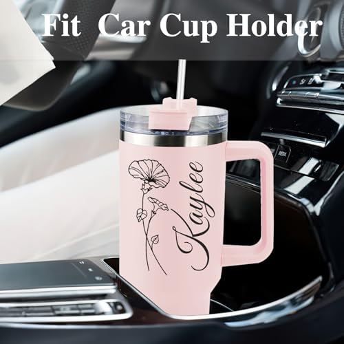 Elemtansy Personalized 40 Oz Tumbler with Handle and Straw, Custom Cup with Name & Birth Flower, Stainless Steel Travel Co...