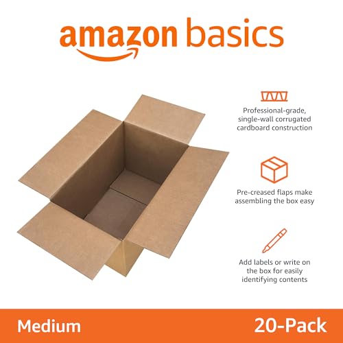 Amazon Basics Cardboard Moving Boxes for Packing and Shipping, Medium Size, 18" x 14" x 12", Brown, 20-Pack