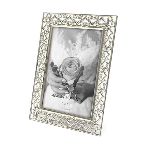 MIMOSA MOMENTS 5x7 Silver Heart Metal Picture Frame with Rhinestones, Decorative Photo Frame for Wedding, Anniversary, Bir...