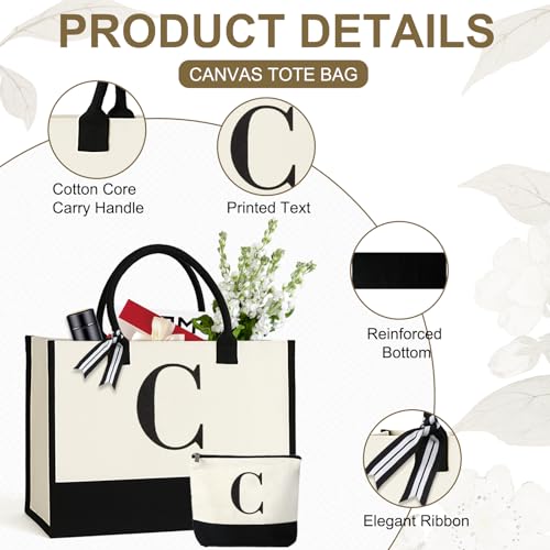 GENGBIN Personalized Canvas Tote Bag for Women Makeup Pouch Initial Beach Bag Removable Bottom Board for Travel Birthday
