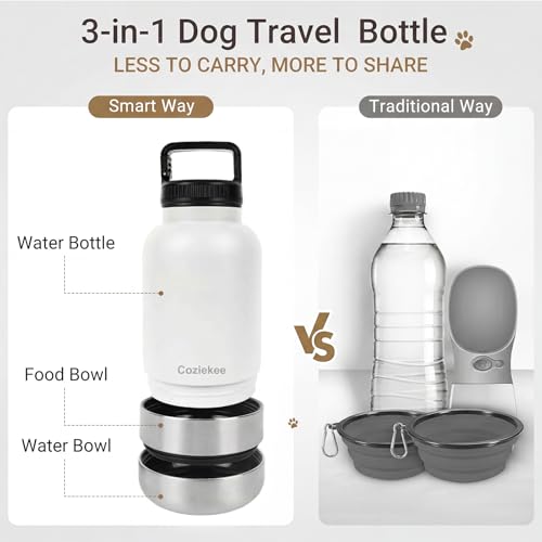 3-in-1 Dog Water Bottle Portable, 32oz Insulated Stainless Steel Pet Water Dispenser with 2 Detachable Travel Dog Bowls fo...