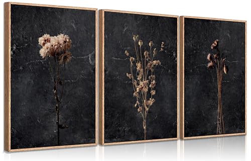 FTQYQLD 3Pcs Moody Dried Flower Wall Art Canvas Prints Dark Moody Botanical Unframed Poster Set Modern Farmhouse Home Deco...