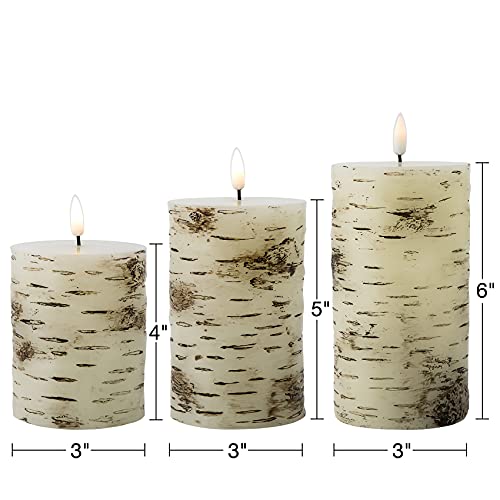 Eywamage Birch Bark Flameless Pillar Candles with Remote, Flickering Rustic Battery LED Wood Candles Set of 3