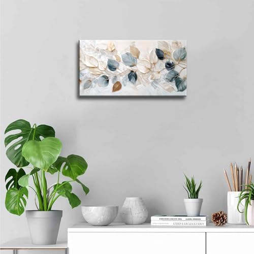 Large Living Eucalyptus Leaf Canvas Wall Art Teal White Botanical Abstract Decor painting Pictures Modern Nordic Plant Flo...