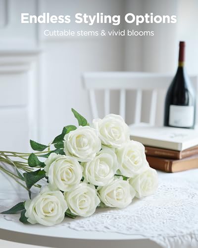 InnoGear 50 Pcs White Roses Artificial Flowers, Fake Velvet Silk Rose Bulk Faux Flower for Mother's Gift Decoration DIY We...