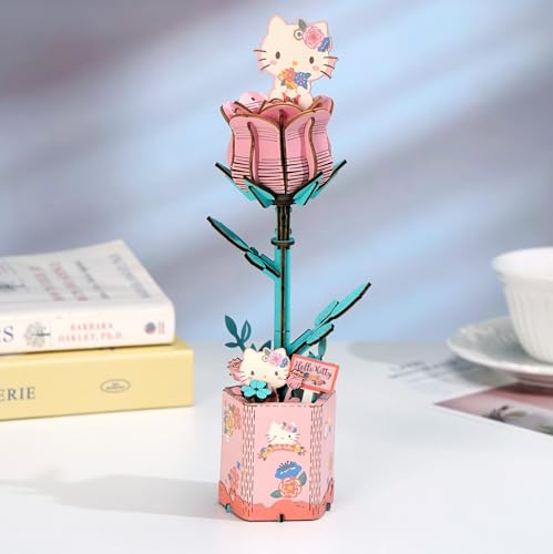 Hands Craft Hello Kitty and Friends Pink Rose 3D Wooden Puzzle Kit | DIY Flower Model | Arts & Crafts for Adults & Kids | ...