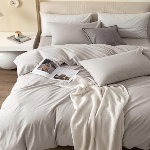 JIYUAN Queen Size Duvet Cover Set, 3-Piece - 100% Washed Cotton, Linen-Like Soft & Breathable with Zipper Closure, Include...