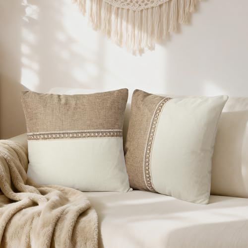 QoBexim Boho Patchwork Linen Throw Pillow Covers 18x18 Set of 2 with Fringe Trim, Khaki and Beige Farmhouse Textured Burla...