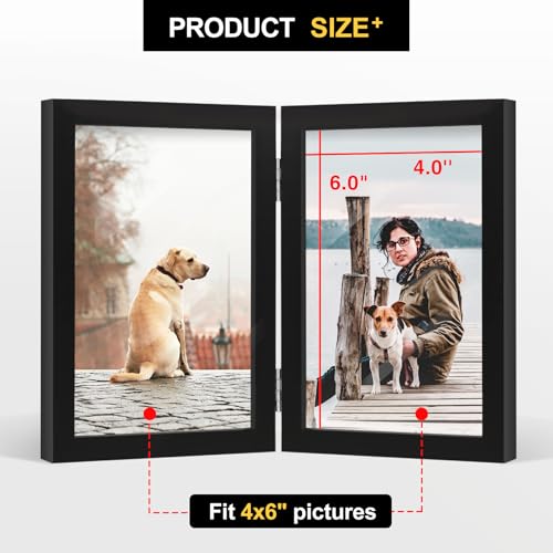 FOREV 4x6 Double Picture Frame Wooden Hinged Photo Frame Definition Glass Stand Vertically on Desktop or Tabletop Black