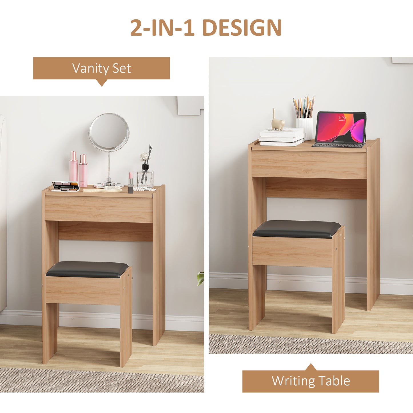 Dressing Table With Mirror And Stool, Vanity Makeup Table With Flip Up Mirror, Vanity Desk With Storage Unit And Padded Seat, Wood