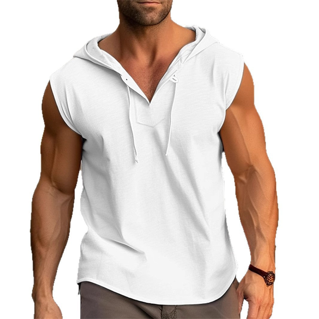 Mens Sleeveless Fitness Sports Drawstring Hooded Vest