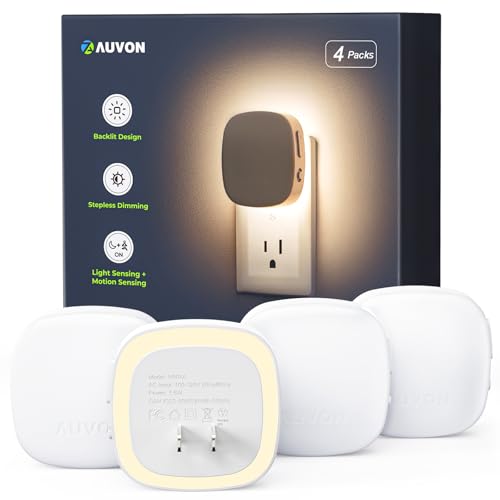 AUVON Plug-in LED Backlit Night Light with Motion Sensor & Dusk to Dawn Sensor, Dimmable Warm White Nightlight with 1-50 l...