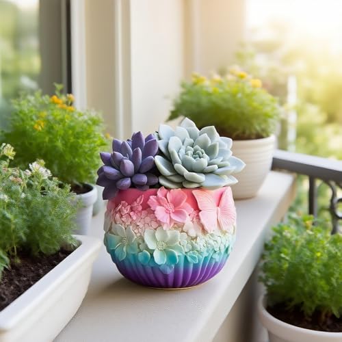 Emboss Flower Butterfly Flower Pot Container Resin Mold, Makeup Organizer Plaster Cup Candle Jar Silicone Mold, Epoxy Resi...