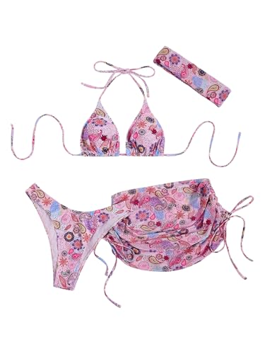 RoseSeek Women's 4 Piece Swimsuits Halter Triangle Bikini Sets Bathing Suit with Mesh Cover Up Skirt & Bandana