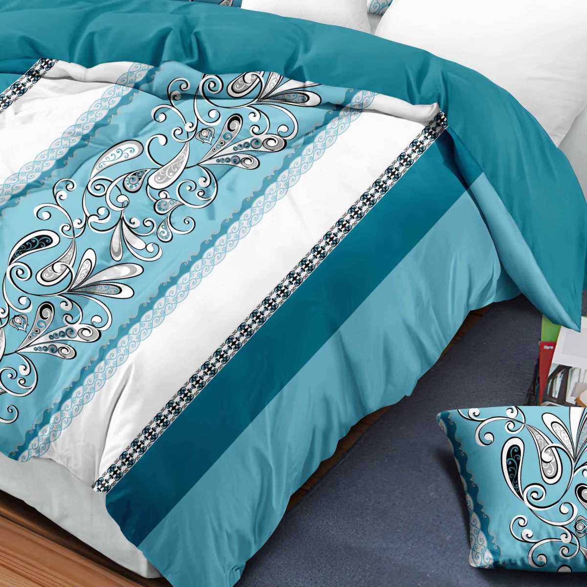 9 Piece Room In A Bag Quilt And Curtain Set, US Designer Turquoise Aqua Blue Paisley Scroll Print Heavyweight Bedspread With 6 Customizable Window Panels, Pet-Friendly High GSM Coverlet