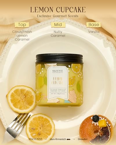M&SENSE Lemon Vanilla Cupcake Scented Candle, 11.6oz Natural Soy Wax, 70 Hours Long Lasting Clean Burn, Citrus Vanilla Sce...