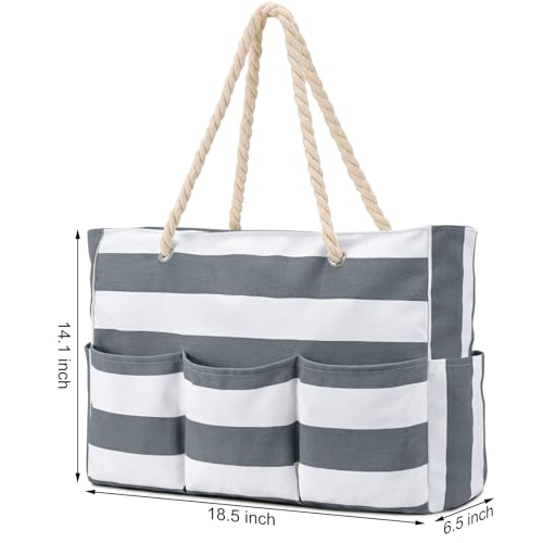 Becokan Beach Bags for Women Canvas Large Beach Tote Bag Zipper Waterproof Sandproof Foldable Swim Pool Bag with 7 Pockets