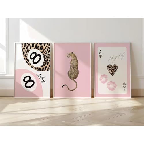 Lhoiplme Cheetah Trendy Wall Art Preppy Leopard Canvas Print Cheetah Room Wall Decor 8 Ball Poster Y2k Pink Coquette Luxur...