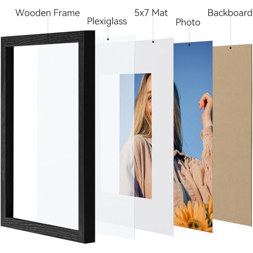 Vittanly 8x10 Picture Frame Set of 4, Display Pictures 5x7 with Mat or 8x10 without Mat, Engineered Wood with Shatter Resi...