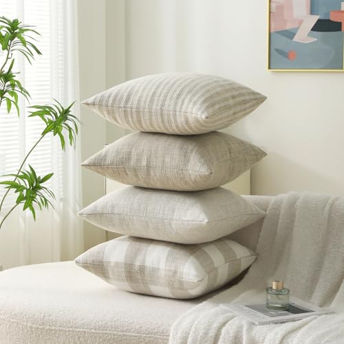 Linen Check Decorative Pillow Covers 18x18 Inch Set Of 4, Boho Throw Pillow Covers Square Couch Pillow Soft Accent Farmhou...