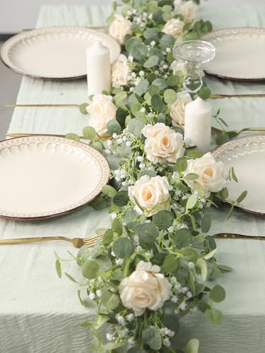 Anna's Whimsy 5.91FT Artificial Eucalyptus Greenery with Flowers, Fake Rose Gypsophila for Wedding Spring Home Party Decor