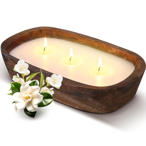 Threlaco 1 Pack 10 Inch Wood Dough Bowl Candles Home Rustic Dough Bowl Soy Candle 3 Wick Scented Candles Gifts for Men Wom...