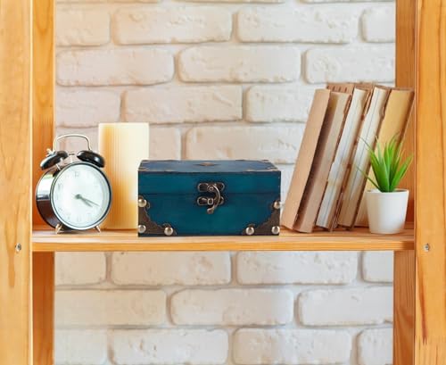 WaaHome Wood Treasure Box 5.5'' Small Decorative Teal Pirate Treasure Chest Jewelry Keepsakes Box for Kids Girls Boys Wome...