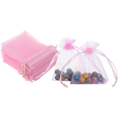 50 Pcs 4x6 inches Gift Wrap Bags Pink, Organza Sheer See Through Fabric, Drawstring Satin Ribbon Pouches for Baby Shower F...