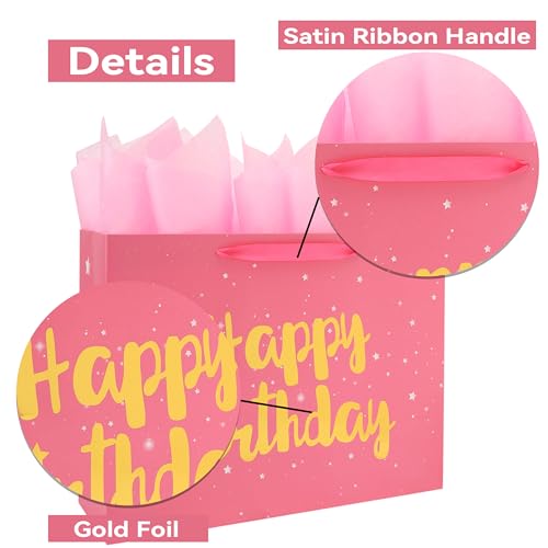 Qirrmiy 16.5” Extra Large Pink Happy Birthday Gift Bag Set with Handles, Greeting Card, Tissue Papers and Stickers for Wom...