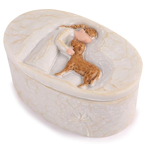 FriyGardcn Resin Keepsake Box Oval 3.82 Inch, Memorial Trinket Box for Dog Ashes Pet Hair Collar Tag, Engraved Girl with P...