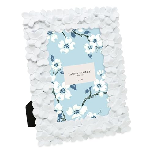 Laura Ashley 4x6 White Flower Textured Hand-Crafted Resin Picture Frame w/Easel & Hook for Tabletop & Wall Display, Decora...