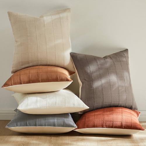 ZeeMart Linen Checked Throw Pillow Covers Set of 2, 18x18 Inch Ivory/Cream, Farmhouse Decorative Single Sided Grid Embroid...