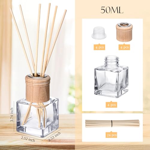 Roshtia 4 Set Reed Diffuser Bottle Empty Refillable Fragrance Glass Diffuser Bottles with Wooden Caps Rattan Sticks 50ml ...