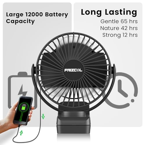 Portable Clip on Fan 65 Working Hours, Camping Fans with LED Lights & Hook, 12000 Capacity Battery Operated Fan with Clam...