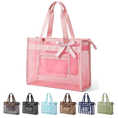 BAGSMART Mesh Beach Bag with Zipper Pocket, Large Beach Tote Bags for Women | for 40 oz Bottle, Removable Ribbon Bow, Sand...