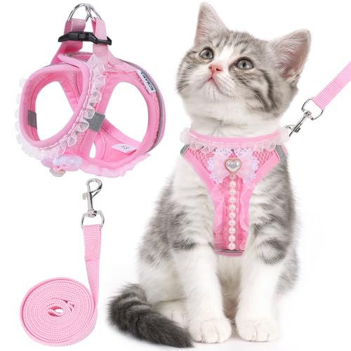 NCMAMA Cat Harness and Leash Set,Escape Proof Adjustable Kitten Harness with Cute Pink Bow,Breathable Reflective Strips Ha...