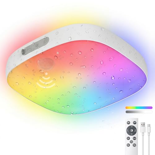Shower Light IP65 Waterproof, Motion Sensor Ceiling Light, Rechargeable Closet Light with 10000mAh Battery & Remote, 18 RG...