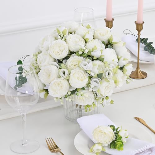 MARTINE MALL 2 Packs Peonies Artificial Flowers, White Artificial Peonies, Silk Peonies Flowers Fake Peonies Artificial Fl...