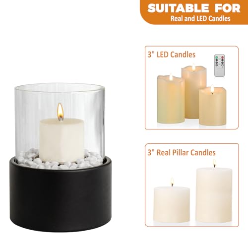 EastFlame Tabletop Hurricane Candleholder with Decorative Stones - Black Metal Candle Holder for 3" Pillar Candles and Sce...