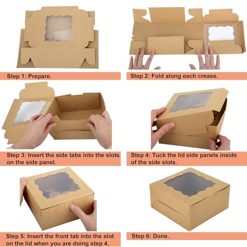 HawHawToys 60 pcs Bakery Boxes with Window, 6 x 6 x 3 inches, Kraft Cookie Boxes Pastry Boxes for Baked Goods (Brown)